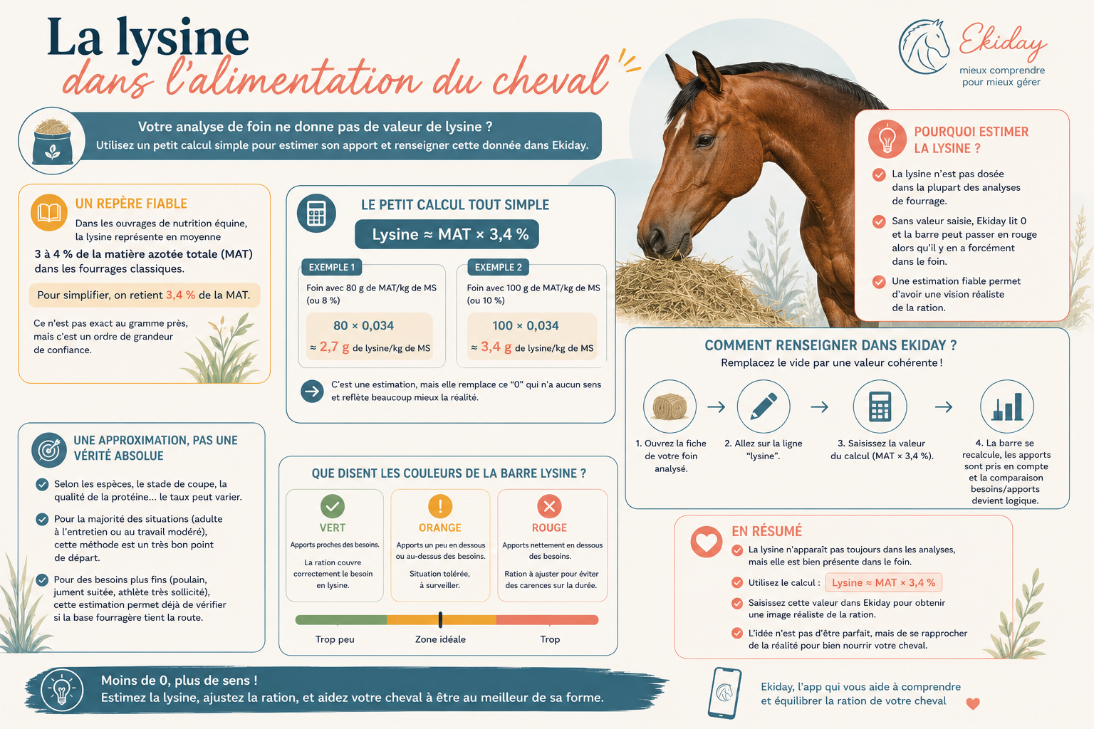 Infographie expliquant comment estimer la teneur en lysine d'un foin à partir de la matière azotée totale (MAT) grâce à la formule Lysine ≈ MAT × 3,4 %, afin de compléter une analyse de fourrage dans Ekiday.