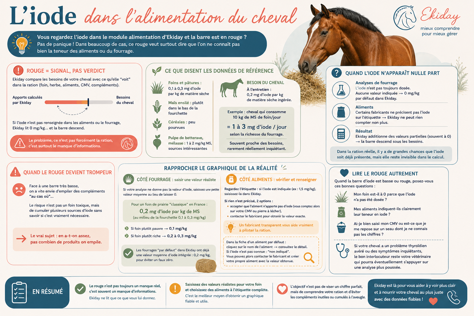 Infographie expliquant pourquoi l'iode apparaît parfois en rouge dans le module alimentation d'Ekiday, comment interpréter ce résultat et renseigner correctement les valeurs d'iode du foin et des aliments.