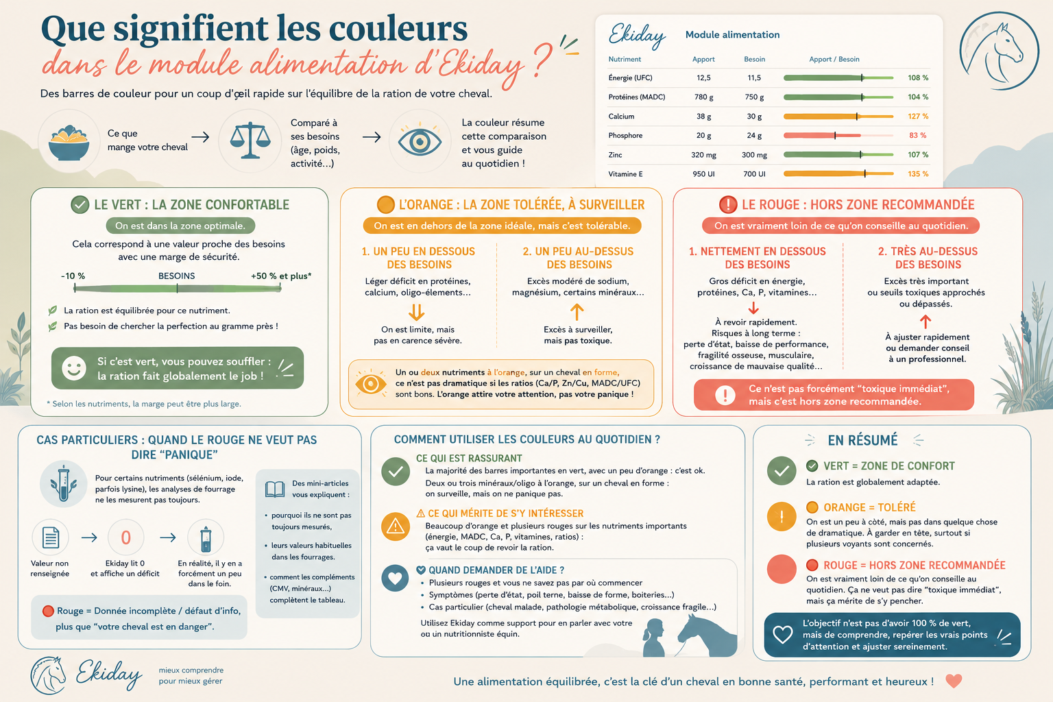 Infographie expliquant la signification des couleurs vert, orange et rouge dans le module alimentation d'Ekiday pour interpréter rapidement l'équilibre de la ration d'un cheval.
