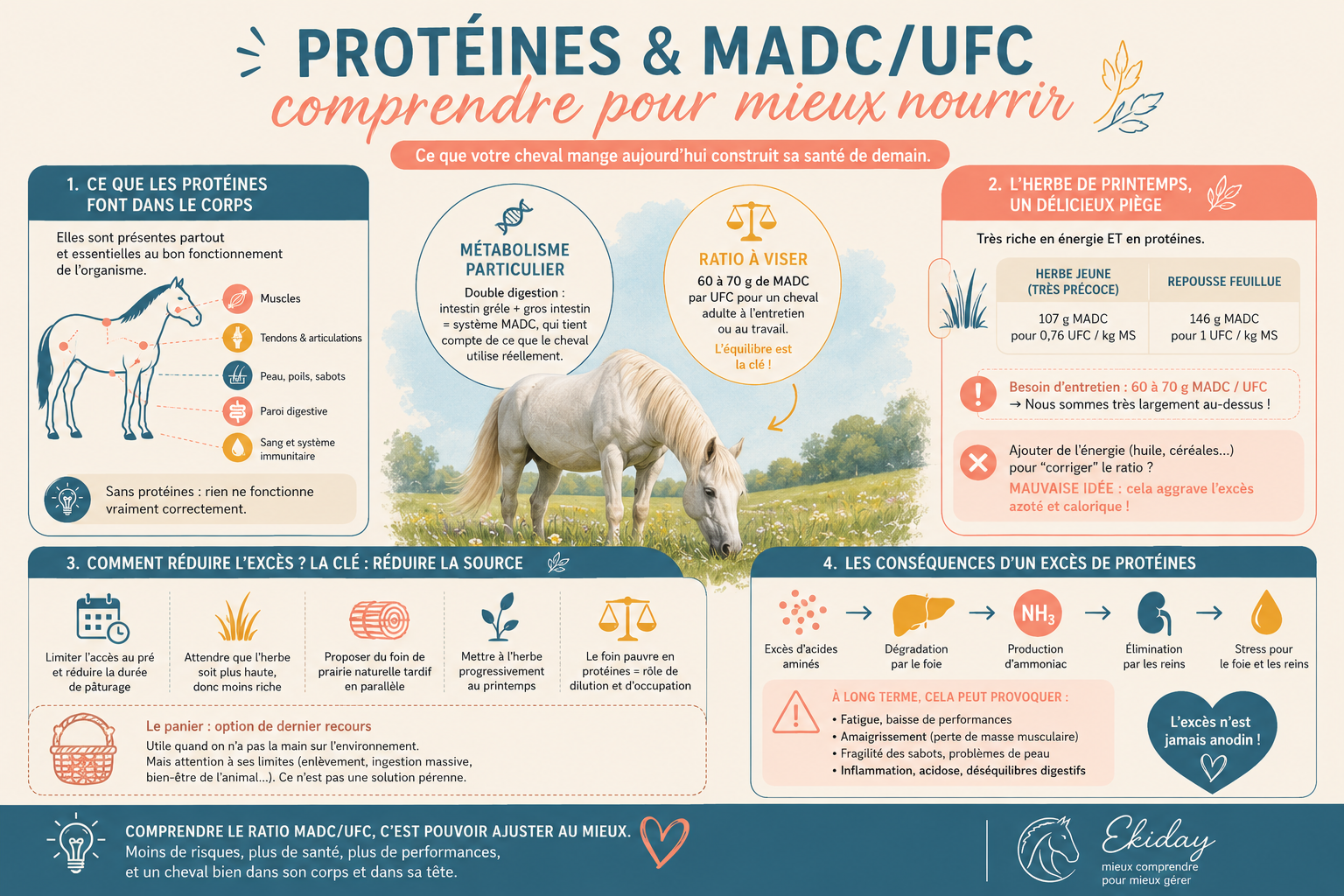 Infographie expliquant le rôle des protéines chez le cheval, le ratio MADC/UFC, les risques d'un excès ou d'un déficit de protéines et les bonnes pratiques pour équilibrer la ration.