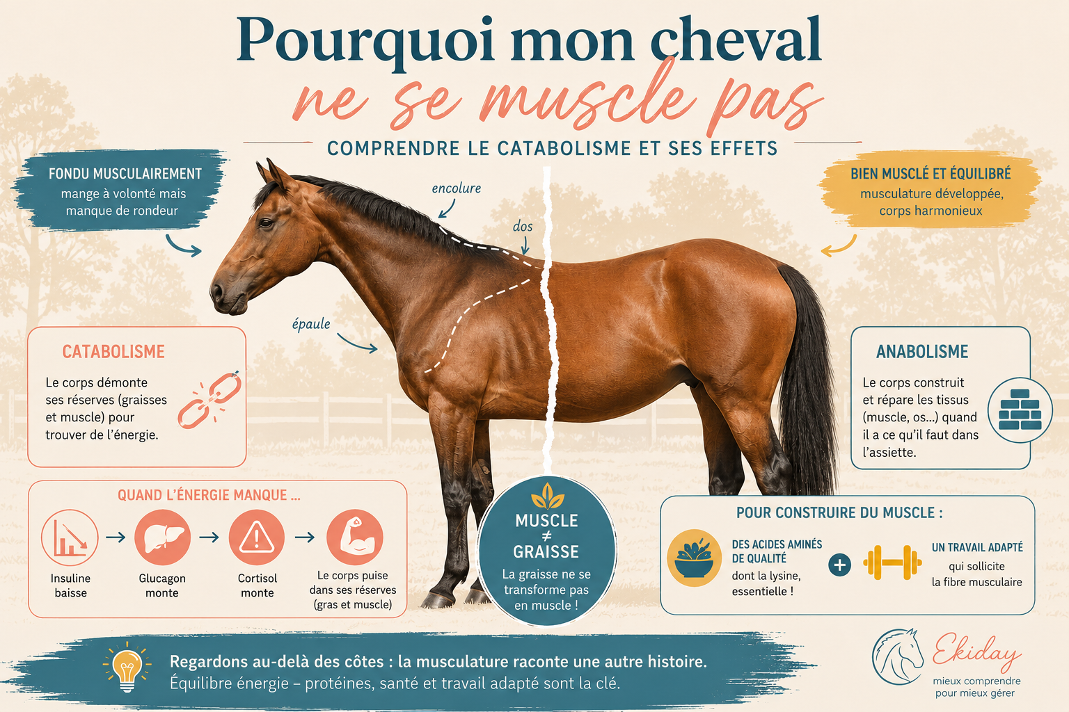 Cheval pas musclé, avec un dos et une croupe peu marqués malgré une bonne note d'état corporel