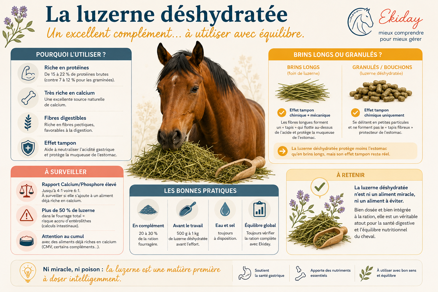 Infographie présentant les bénéfices, les précautions d'utilisation et les bonnes pratiques d'utilisation de la luzerne déshydratée dans l'alimentation du cheval.
